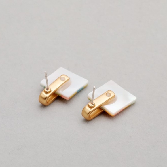 Handmade Mother of Pearl Earrings Geometric Quilted Pattern Earrings - Picture 2 of 8